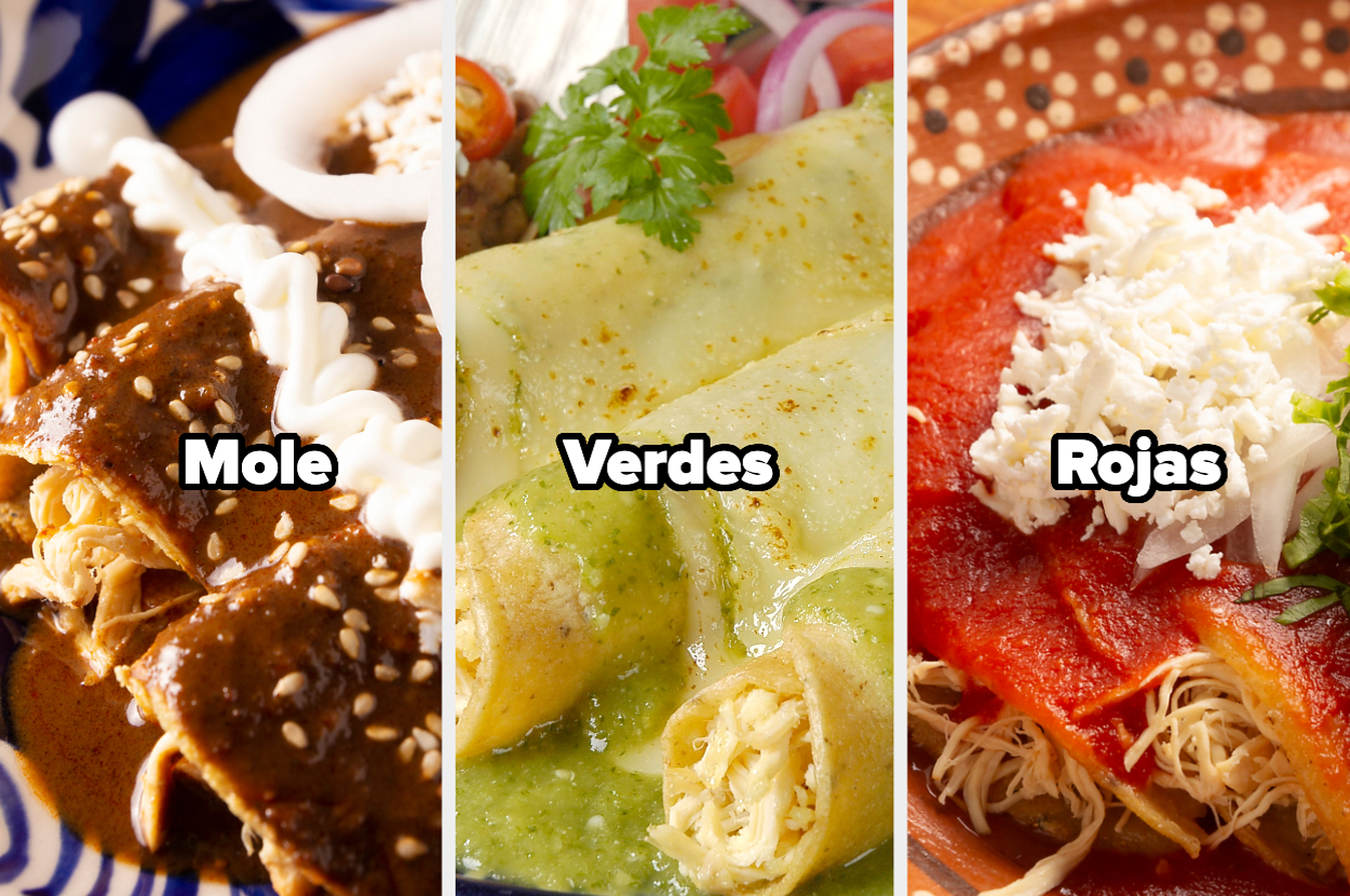 Tres platos de enchiladas etiquetados como Mole, Verdes y Rojas