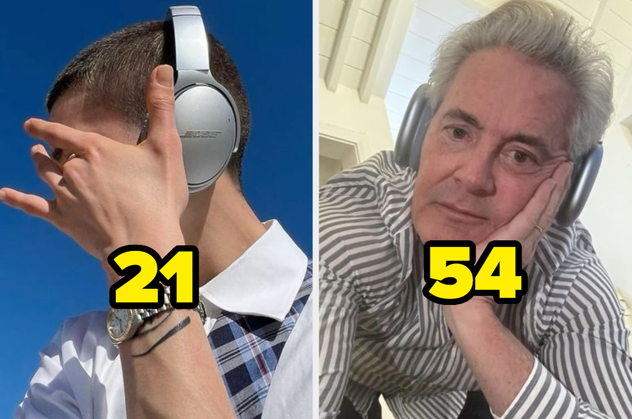 Dos personas con auriculares, una más joven con la cifra "21" y otra mayor con la cifra "54" sobrepuestas, sugieren una comparación de edad