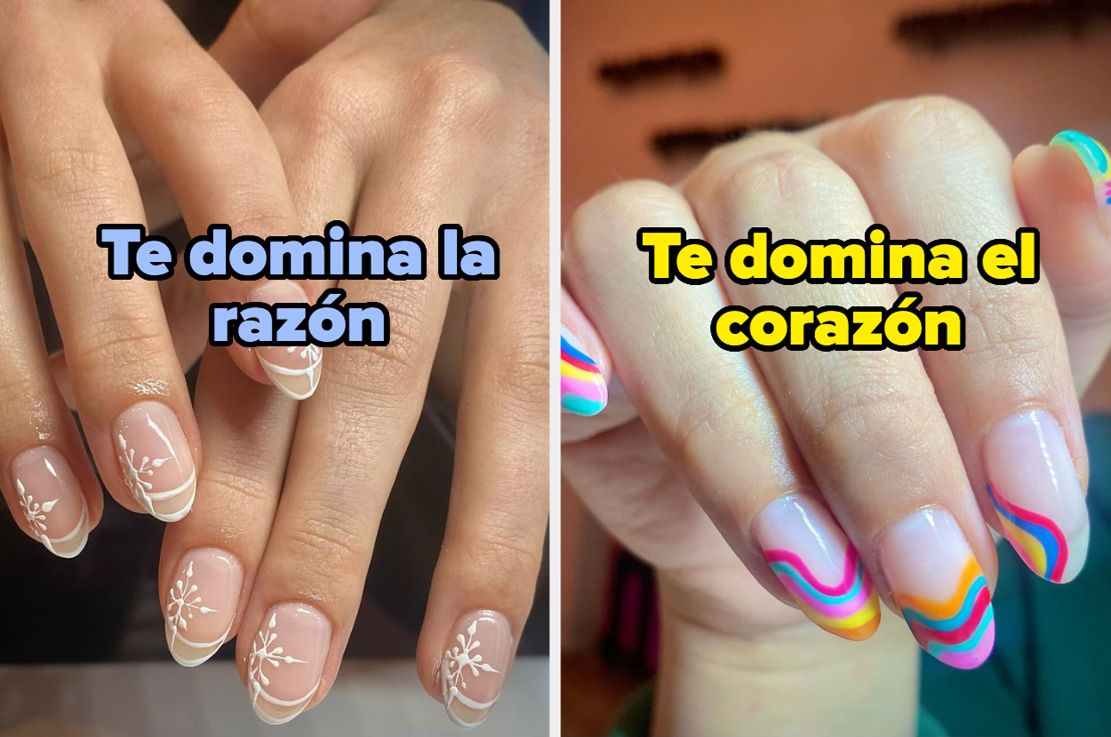 Manos con uñas decoradas, dividida en dos partes. Izquierda: uñas con diseño floral y texto "Te domina la razón". Derecha: uñas con diseño colorido y texto "Te domina el corazón"