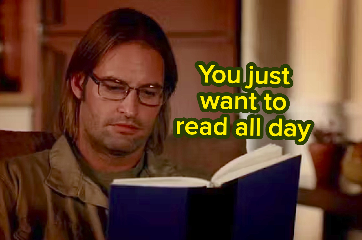 Sawyer with glasses reads a book. Text on the image says, "You just want to read all day."