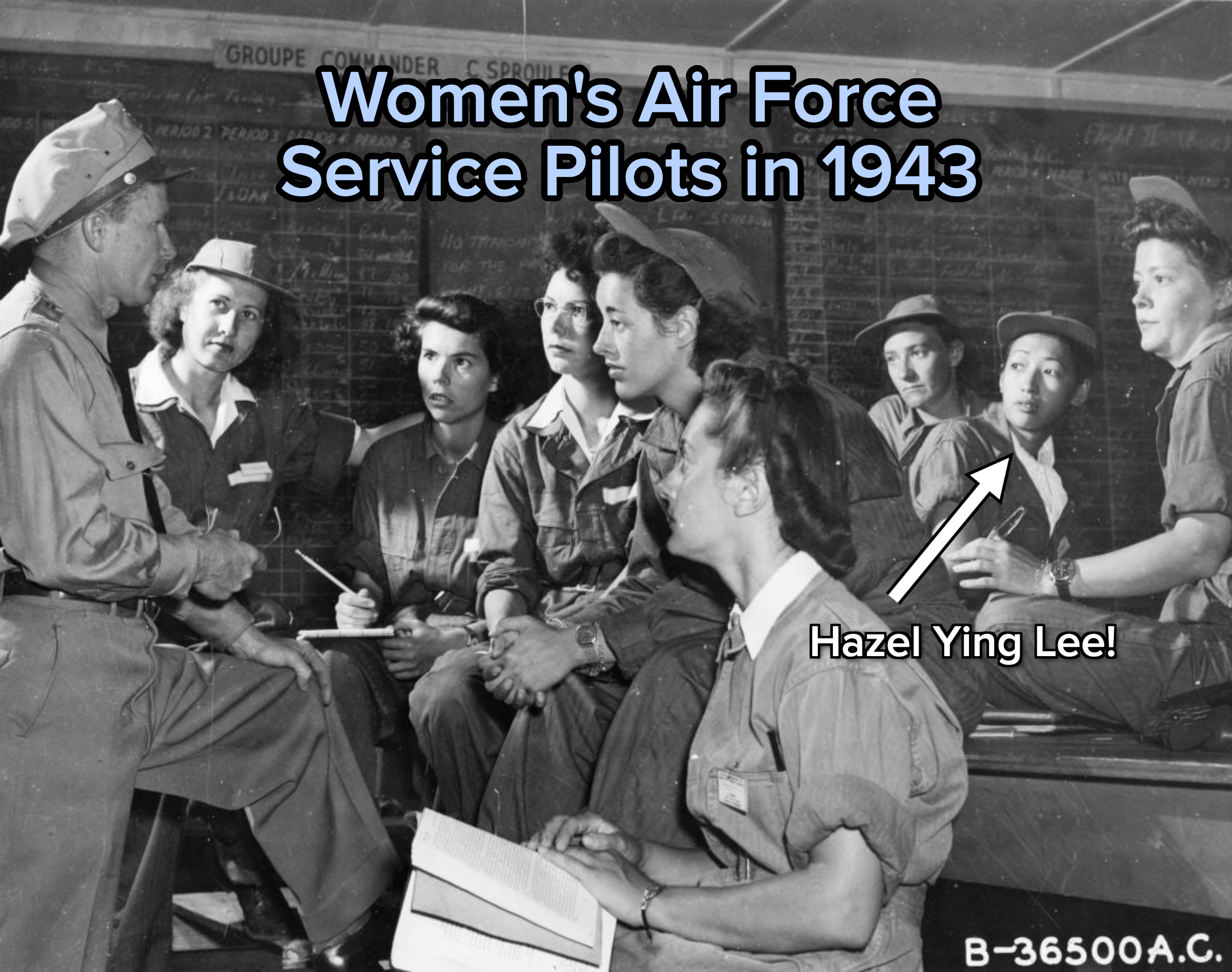 Women of the Women Airforce Service Pilots (WASP) in uniforms listen attentively to a male officer briefing them in front of a large board