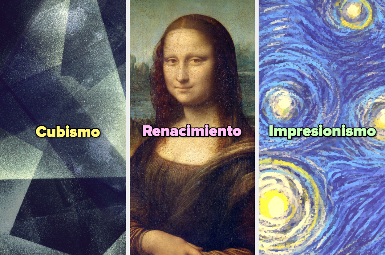 Tres imágenes de obras de arte: cubismo, el retrato de la Mona Lisa (Renacimiento) de Leonardo da Vinci, y "La noche estrellada" (Impresionismo) de Vincent van Gogh