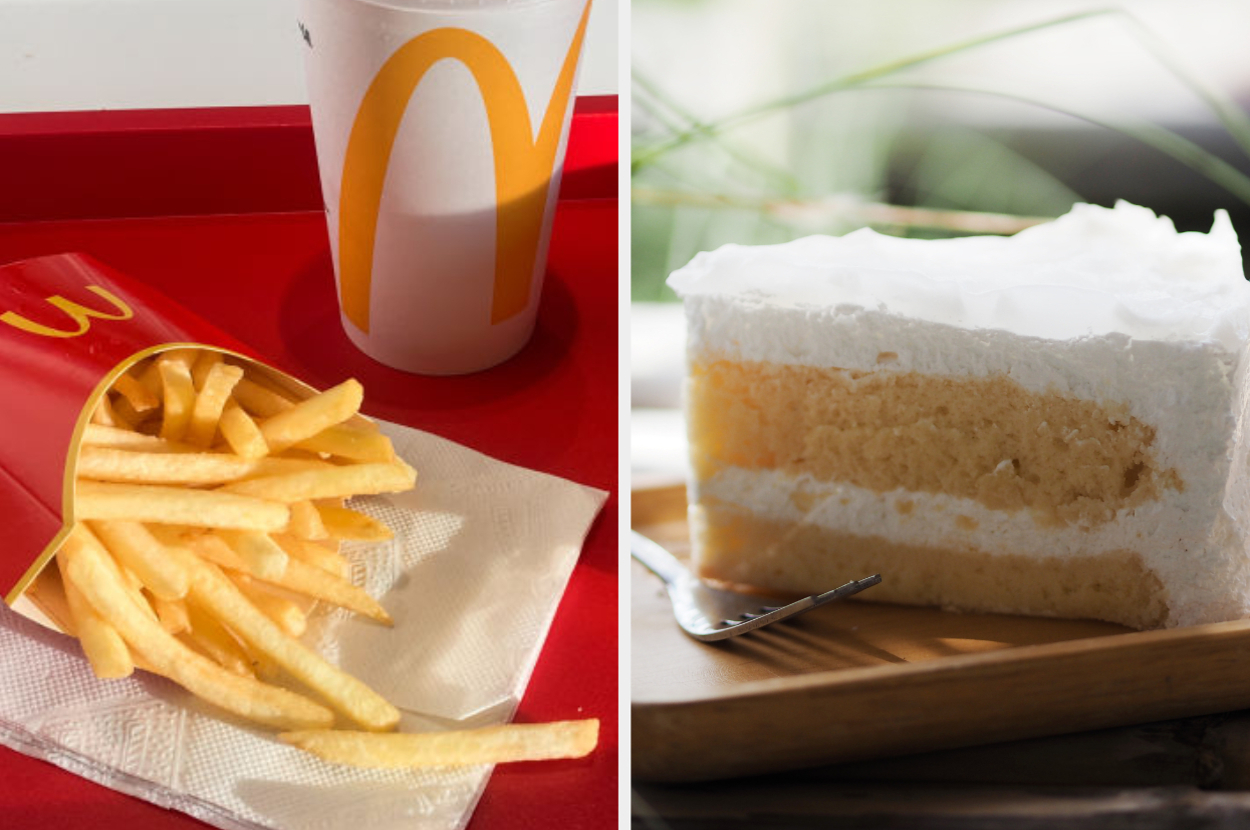 Left: McDonald's fries and drink on a tray. Right: Slice of two-layer vanilla cake with white frosting on a wooden plate with a fork
