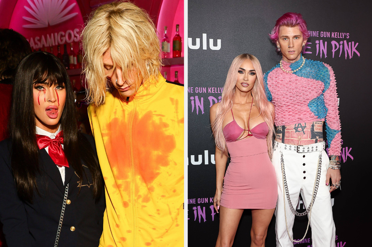 Megan Fox and Machine Gun Kelly in Kill Bill costumes at an event vs Megan Fox and MGK dressed up for a Hulu premiere