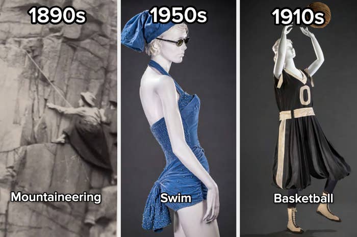 1890s: Mountaineering attire. 1950s: Swimsuit with a headscarf. 1910s: Basketball uniform.