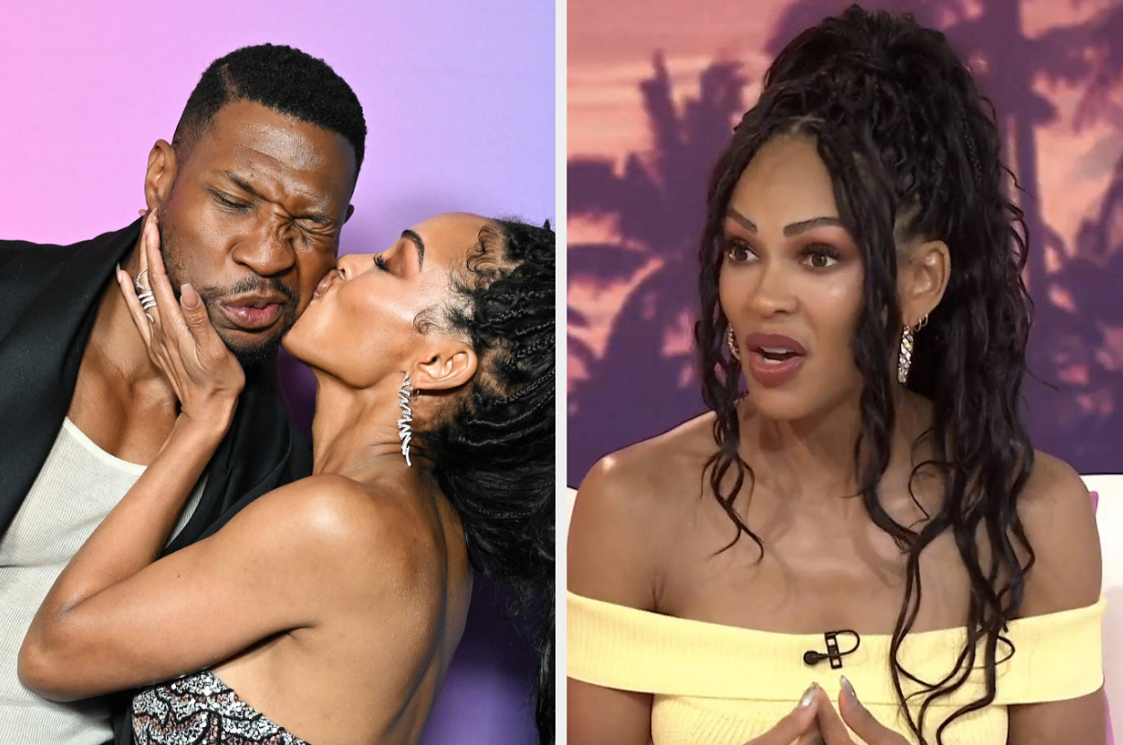 Jonathan Majors and Meagan Good on a red carpet, with Meagan kissing Jonathan on the cheek. Another image shows Meagan speaking on a talk show