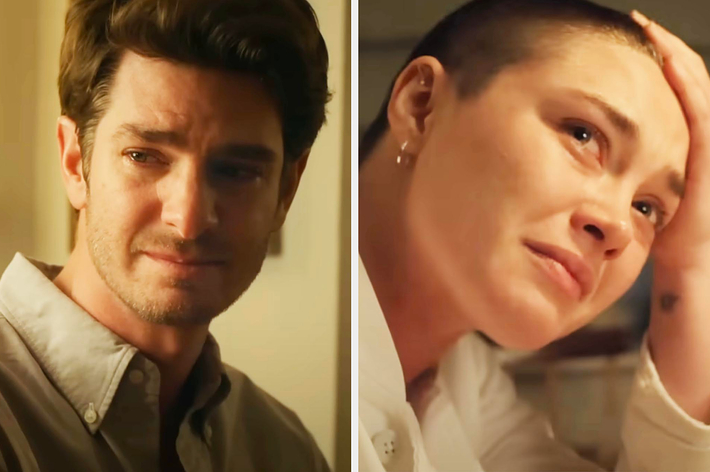 Andrew Garfield and Florence Pugh appear emotional in a scene from a TV show or movie