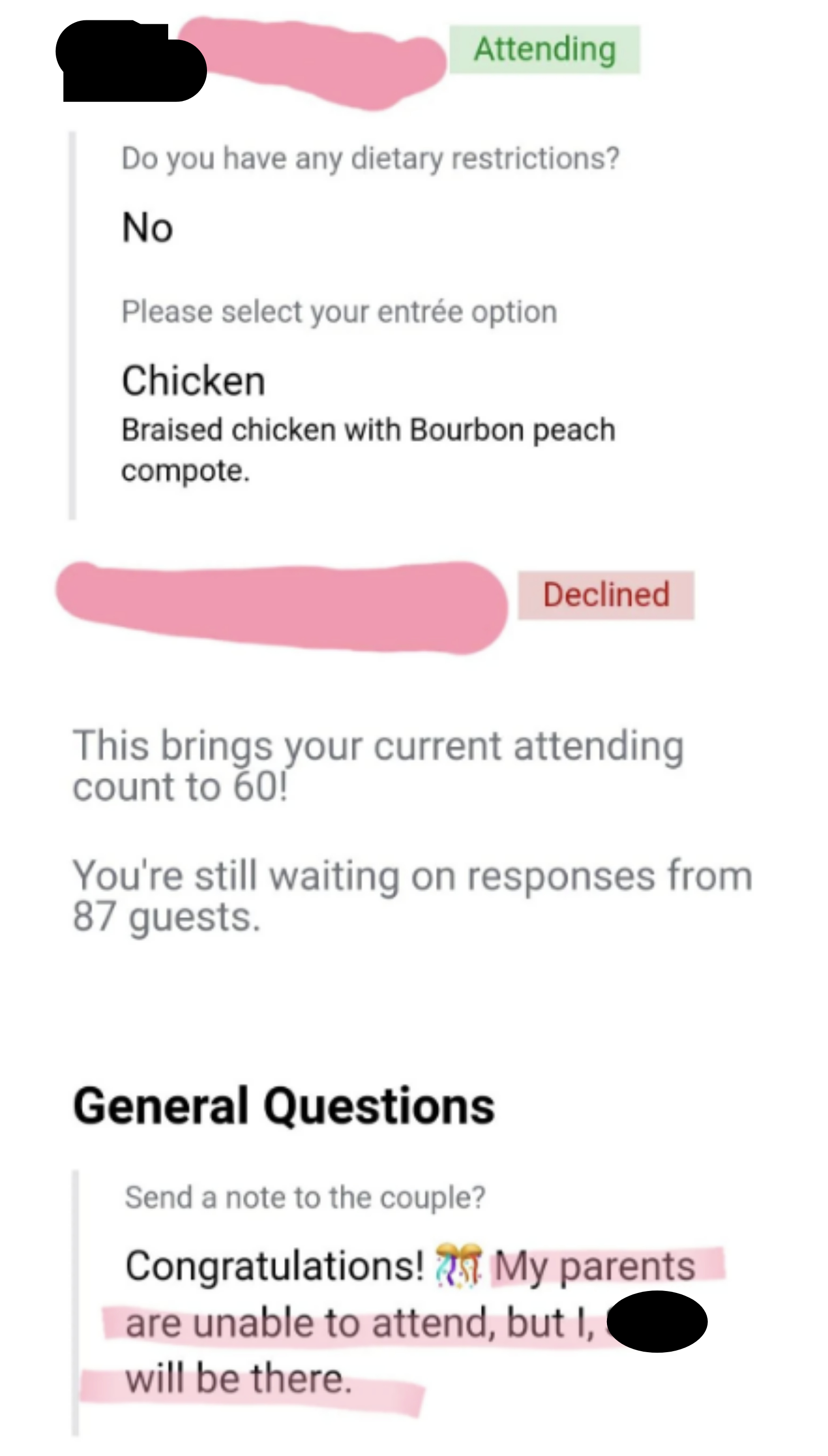 Wedding RSVP responses: Greg has no dietary restrictions and will attend, choosing chicken. One person declines. Total attending: 60. Awaiting 87 responses. Sam will attend