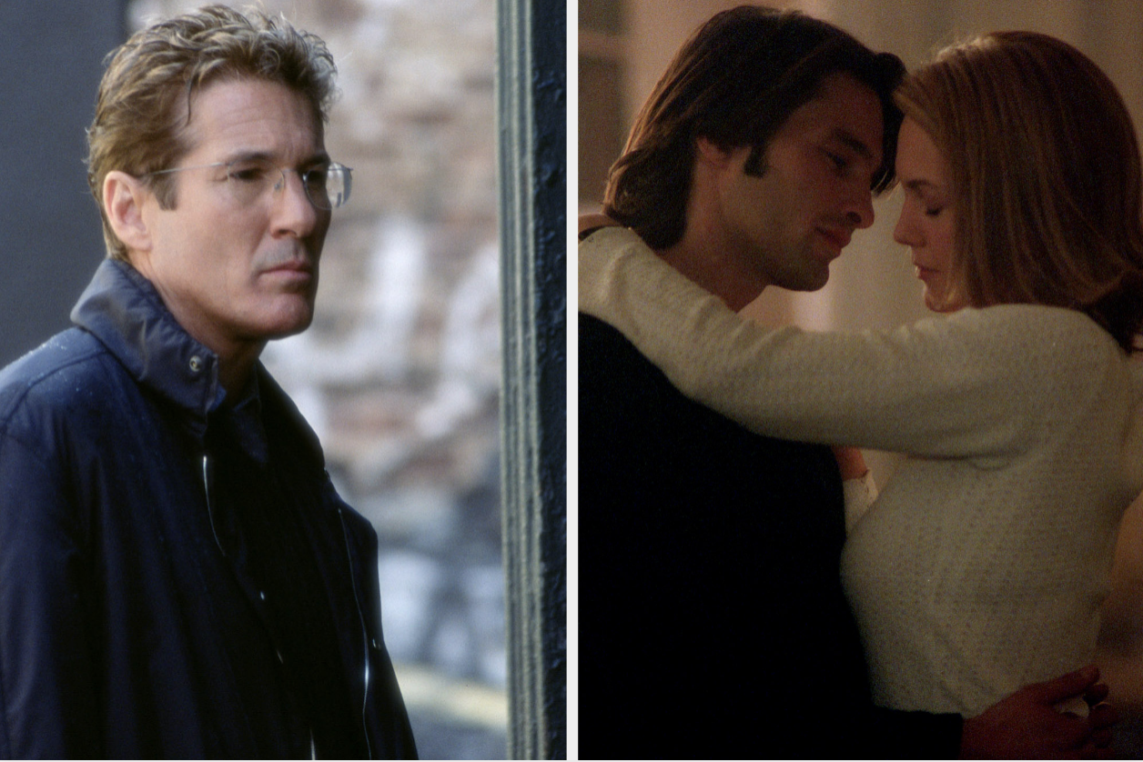 Richard Gere stands alone on the left; on the right, Nicole Kidman and Tom Cruise embrace closely, eyes closed