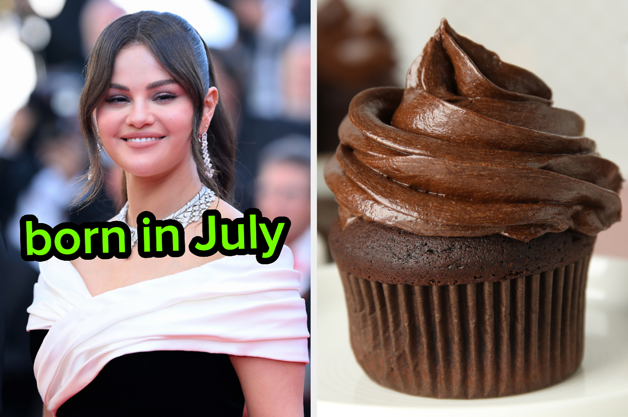 On the left, Selena Gomez labeled born in July, and on the right, a double chocolate cupcake