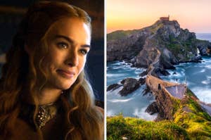 Lena Headey as Cersei Lannister in a medieval-style dress on the left; a dramatic coastal view of a winding stone path leading to a hilltop building on the right
