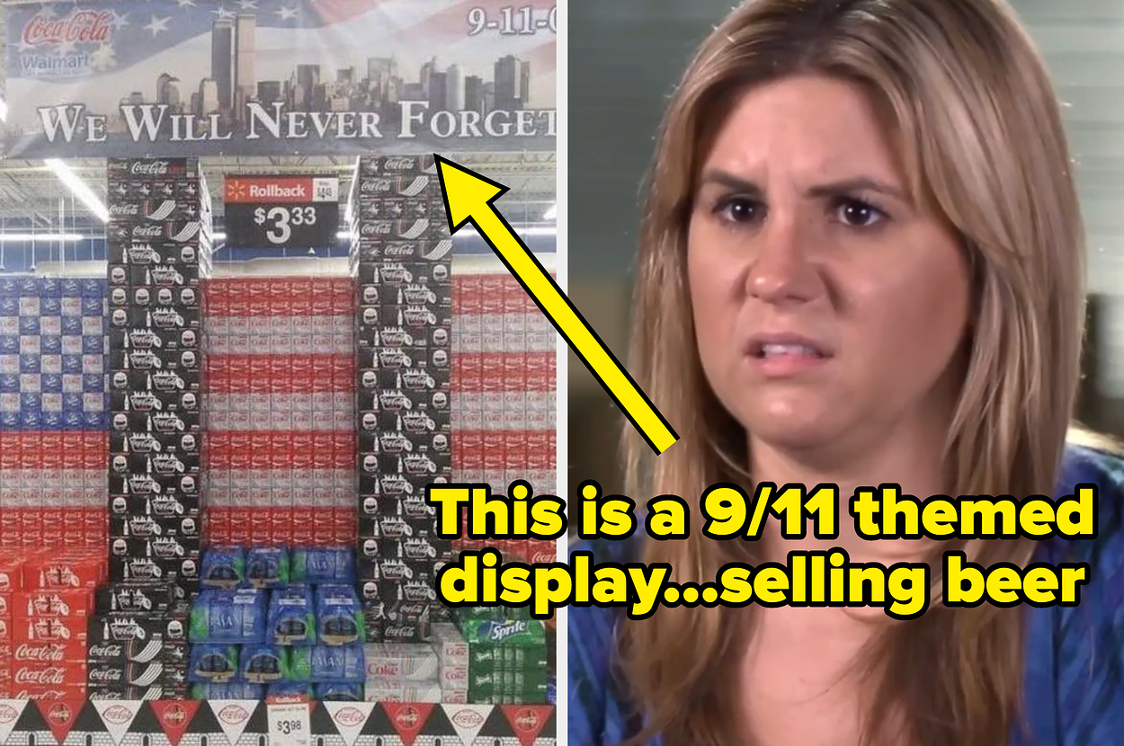 A woman looks shocked and confused next to a 9/11-themed display of soda cases in a Walmart store with "We Will Never Forget" at the top