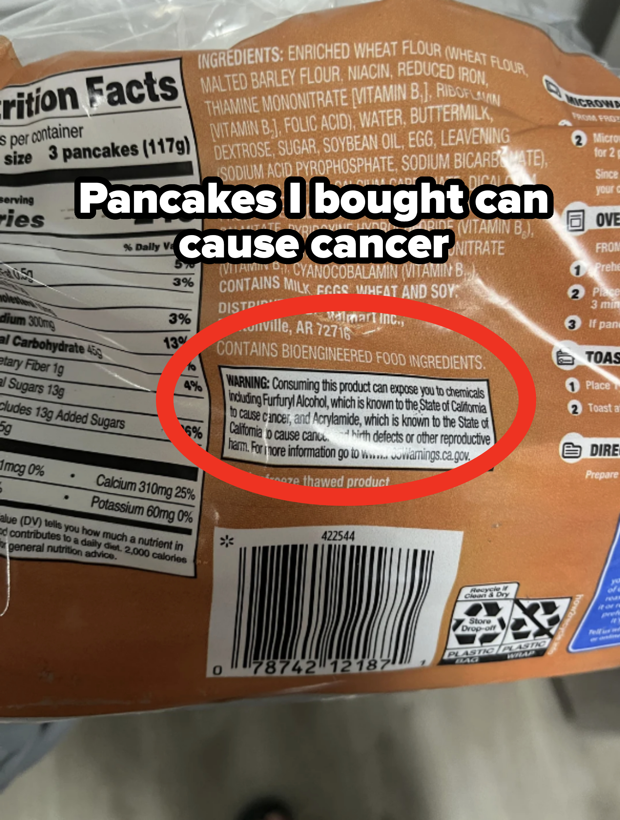A food product label showing nutrition facts, ingredients (including bioengineered ingredients), and warning about consumption safety for different groups