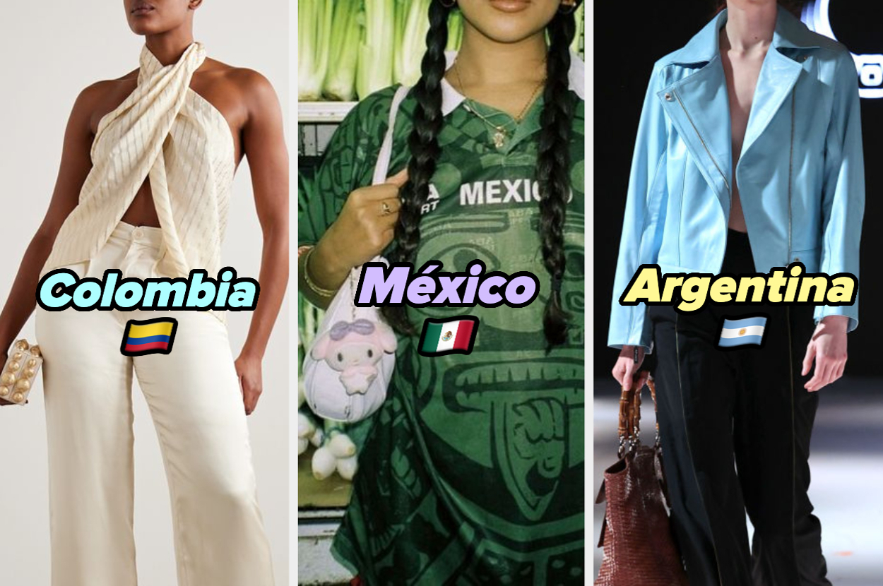 Tres mujeres modelan ropa representando a Colombia, México y Argentina. La primera con un atuendo blanco, la segunda con camiseta verde de fútbol y la tercera con chaqueta azul
