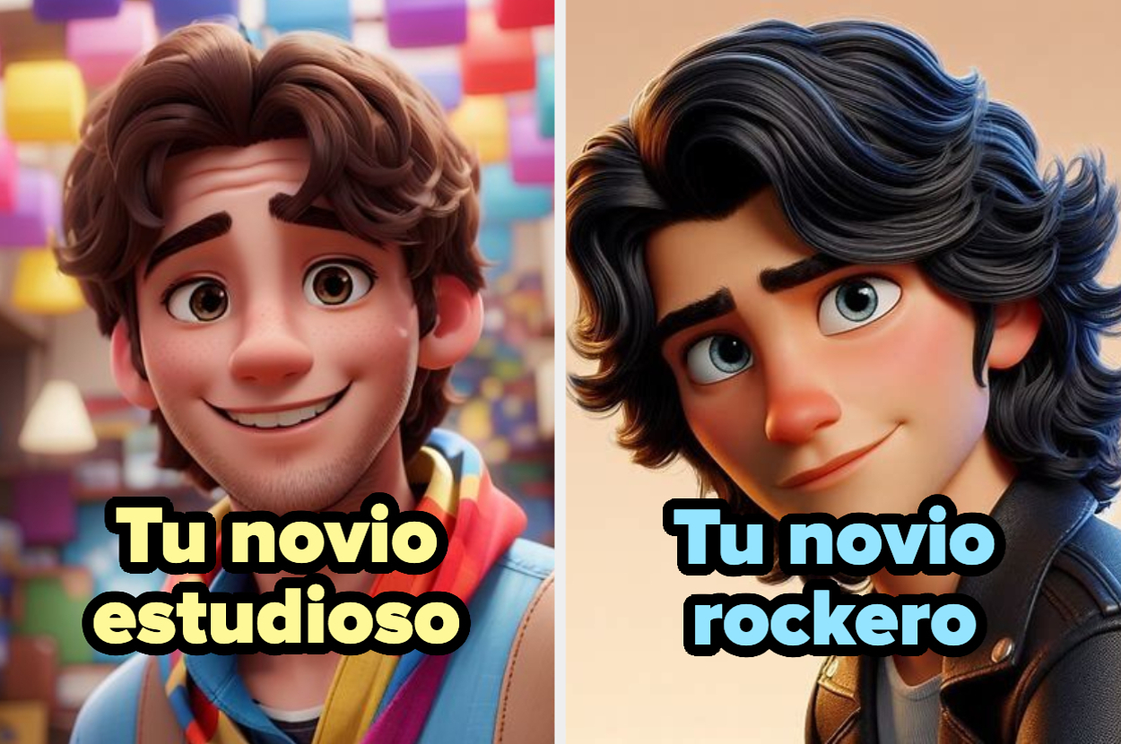 A la izquierda, un personaje animado con cabello rizado y bufanda colorida etiquetado como "Tu novio estudioso". A la derecha, un personaje animado con chaqueta de cuero etiquetado como "Tu novio rockero"