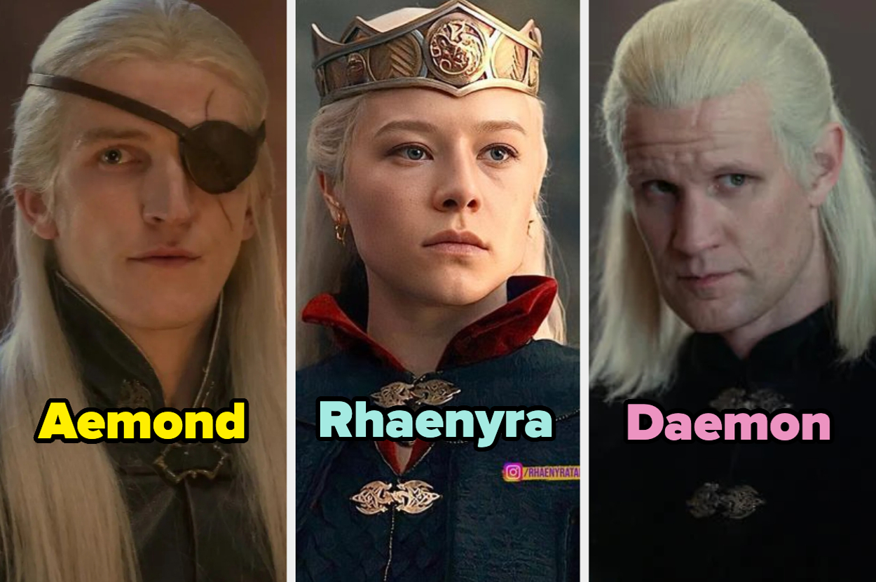 Aemond, Rhaenyra y Daemon de la serie "House of the Dragon". Aemond usa un parche ocular, Rhaenyra lleva una corona y Daemon tiene el cabello peinado hacia atrás