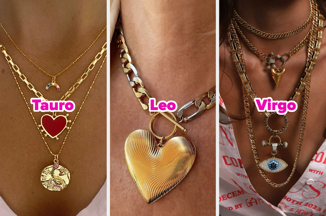 Collares con signos del zodiaco: Tauro con collares dorados y un colgante de corazón rojo, Leo con un colgante de corazón dorado, Virgo con collares dorados y un colgante de ojo azul