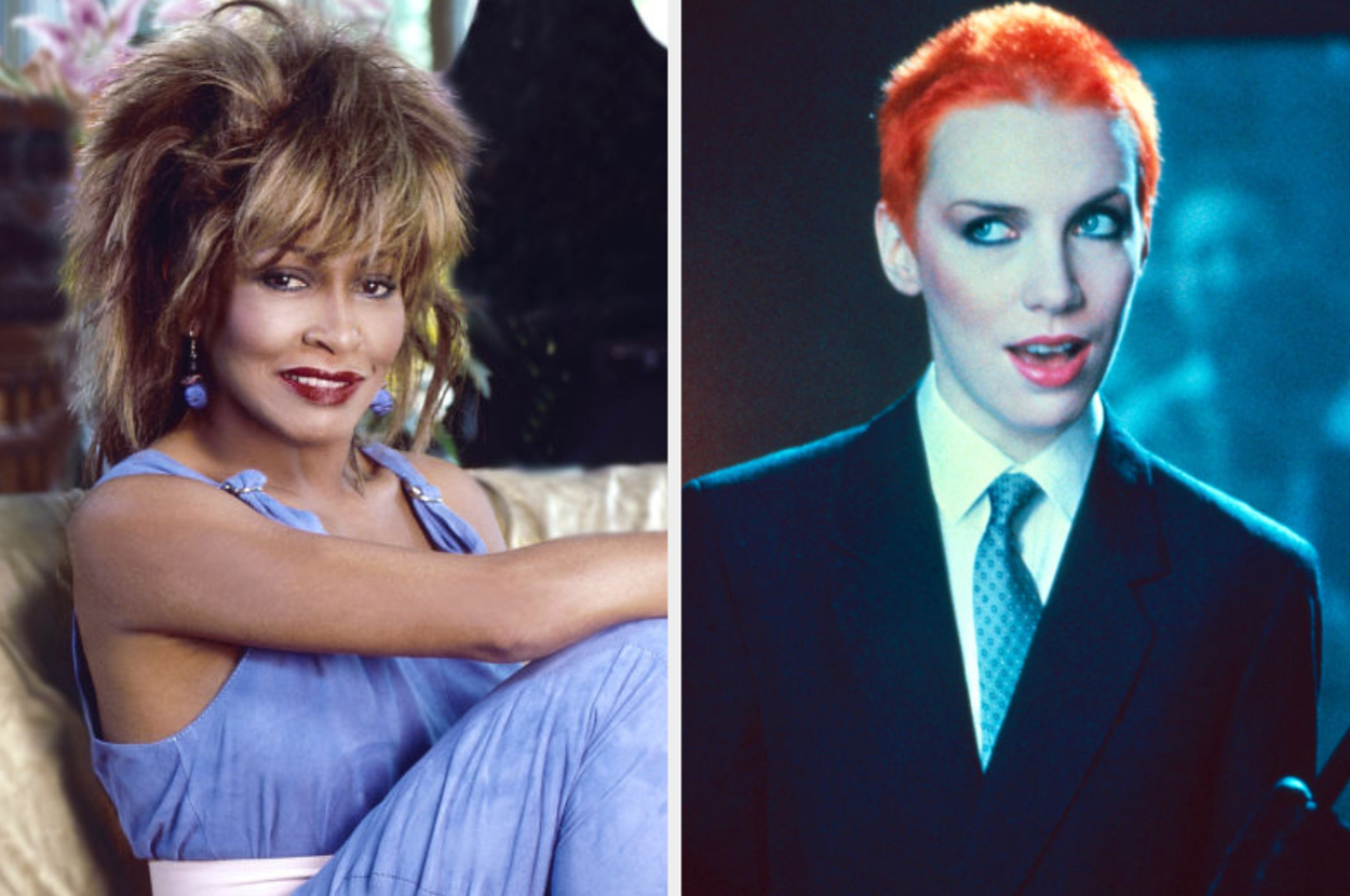 (L) Tina Turner smiles while seated, wearing a sleeveless dress. (R) Annie Lennox with short red hair, dressed in a suit and tie