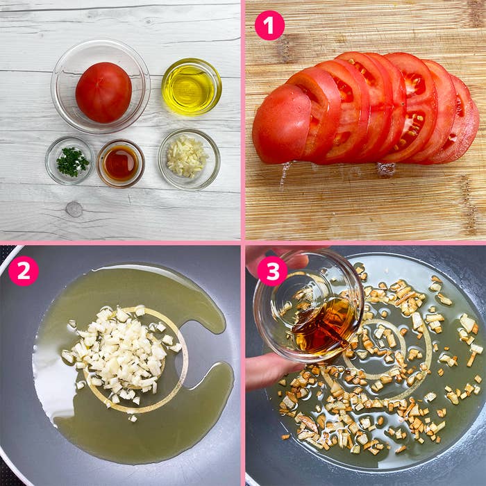 刻んだトマトと調理の手順を示す4つの画像 (材料、スライスしたトマト、フライパンの中での調理)。