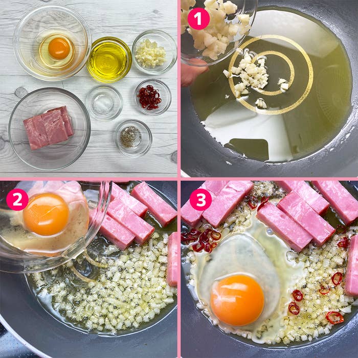 ボウルに入った調味料と豚肉、フライパンで調理中の食材(にんにく、卵)の手順が段階的に示された料理手順画像。