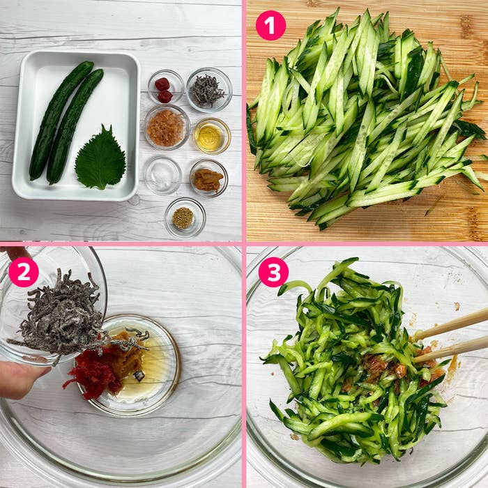 ステップごとの調理手順:1. きゅうりを細切りにする。2. 調味料をボウルに入れる。3. 和えた後のきゅうりとシラス。