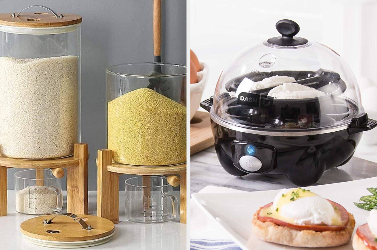 Left: Two clear containers with rice and cornmeal on wooden stands. Right: Dash rapid egg cooker with poached eggs on countertop next to an egg dish