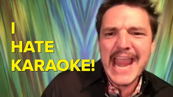 Pedro Pascal energetically expresses &quot;I HATE KARAOKE!&quot; against a vibrant backdrop