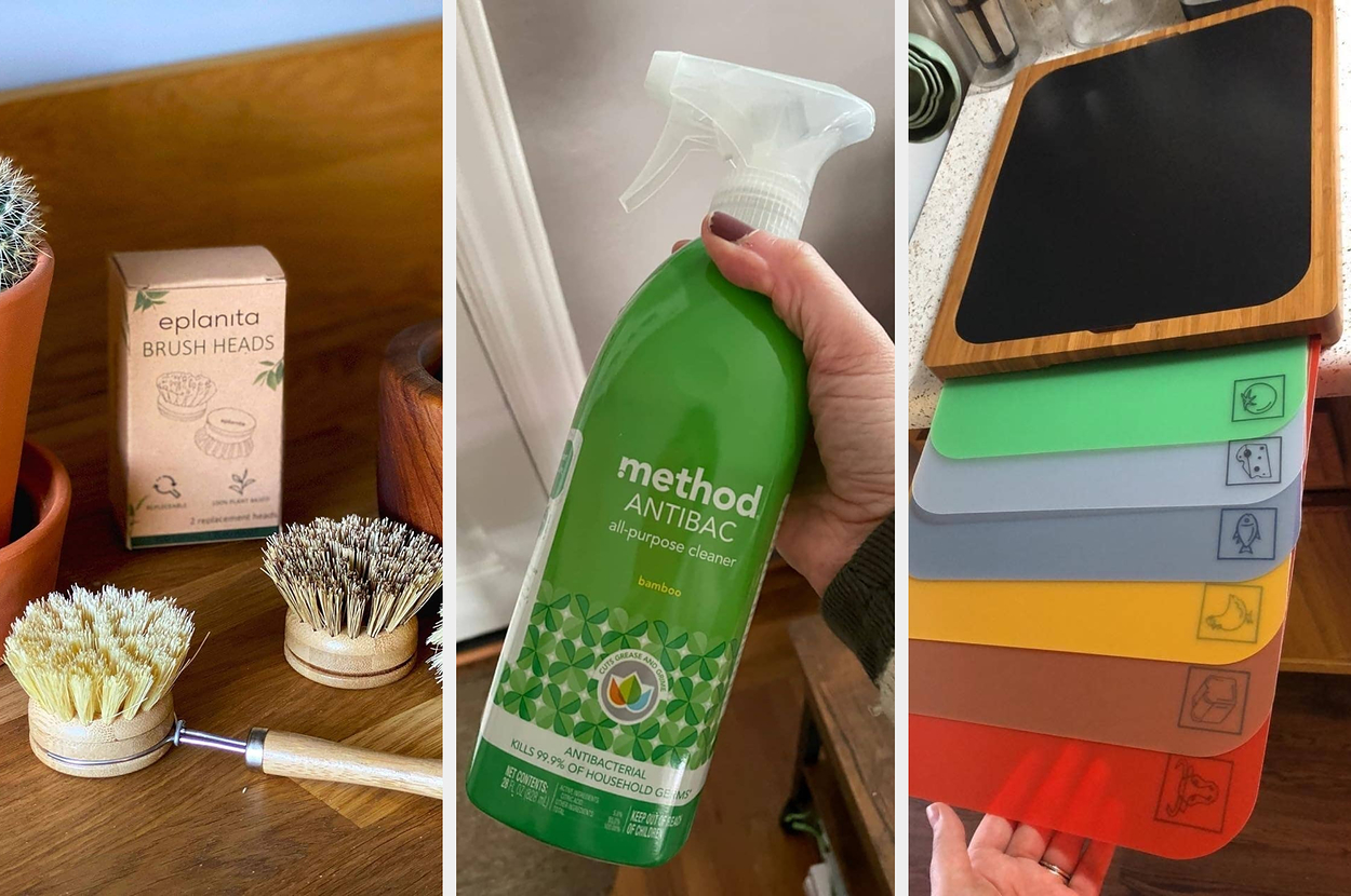 Two images: The left shows meal prep containers with rice, fish, shrimp, and vegetables. The right shows a drying rack with various kitchen items and cups