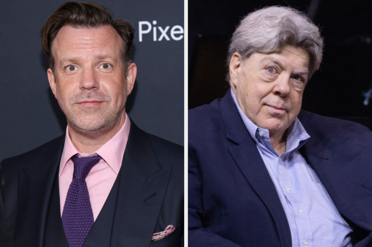 Jason Sudeikis in a suit and tie stands next to a separate image of Tommy Smothers in casual attire with an open collar shirt