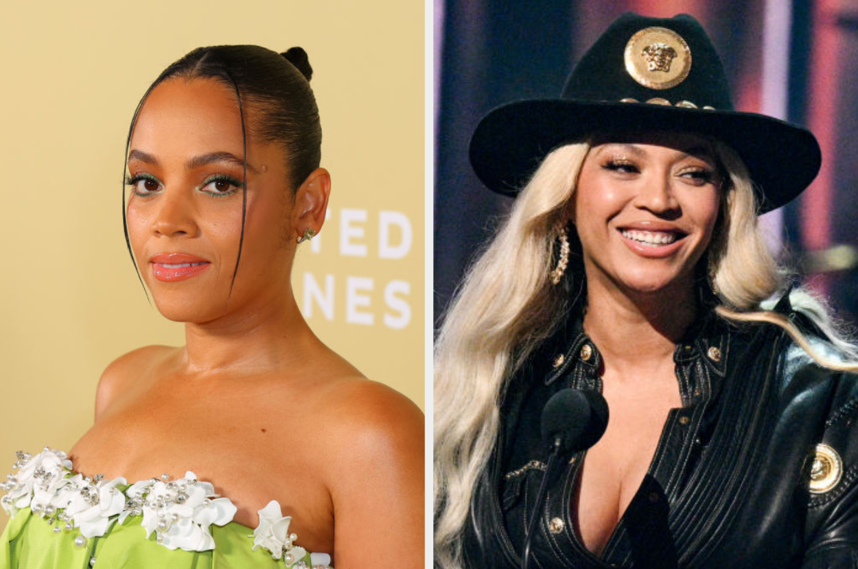 Susan Kelechi Watson in a strapless floral dress, and Beyoncé in a black leather jacket with a hat, both posing at separate events