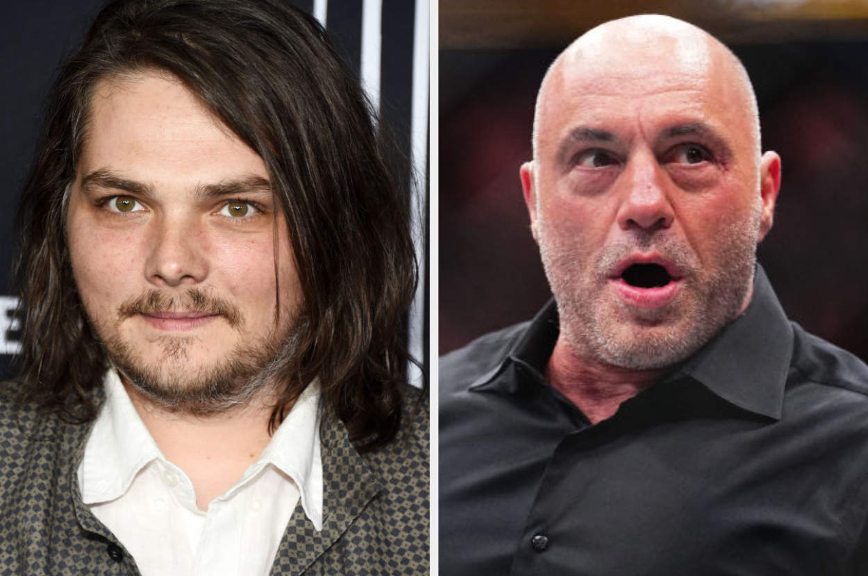 Gerard Way and Joe Rogan side by side; Gerard has long hair and a checkered shirt, while Joe is bald and wearing a black shirt