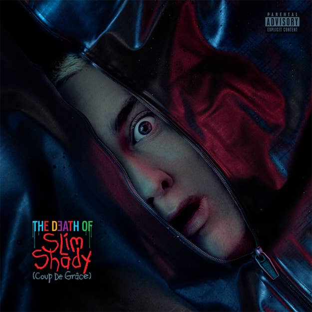 Cover art for "The Death of Slim Shady (Coup De Grâce)" with a shocked face peeking through a zippered opening. Contains Parental Advisory label