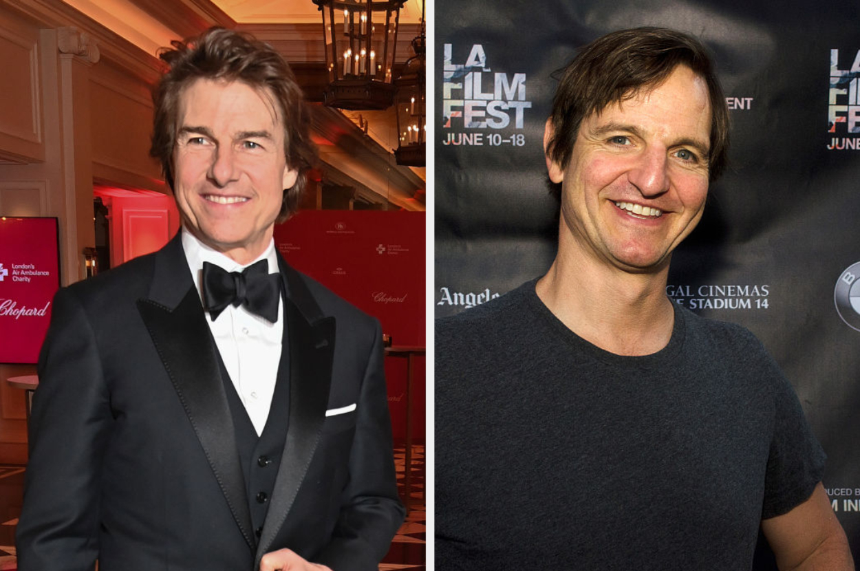 Tom Cruise in a tuxedo at an event, standing next to a man in a casual t-shirt at the LA Film Fest