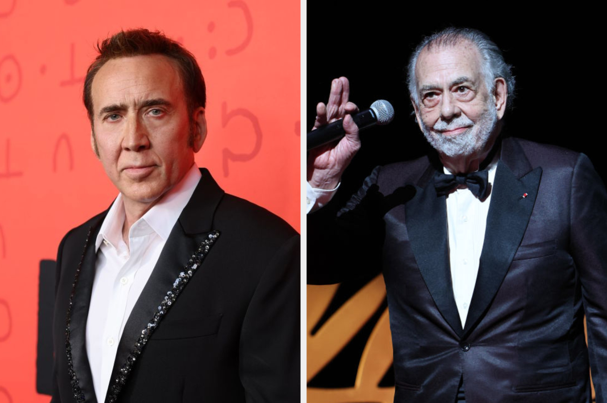 Nicolas Cage in a suit with sequin details, and Francis Ford Coppola in a tuxedo holding a microphone