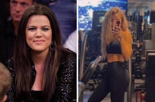 Khloé Kardashian is pictured in two settings: on the left, she is at an event in a sparkling outfit; on the right, she takes a gym selfie in workout clothes