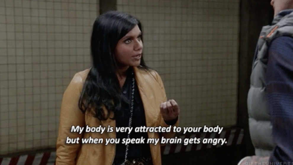 Mindy Kaling says, &quot;My body is very attracted to your body but when you speak my brain gets angry,&quot; to a man in a subway station in a scene from &quot;The Mindy Project&quot;