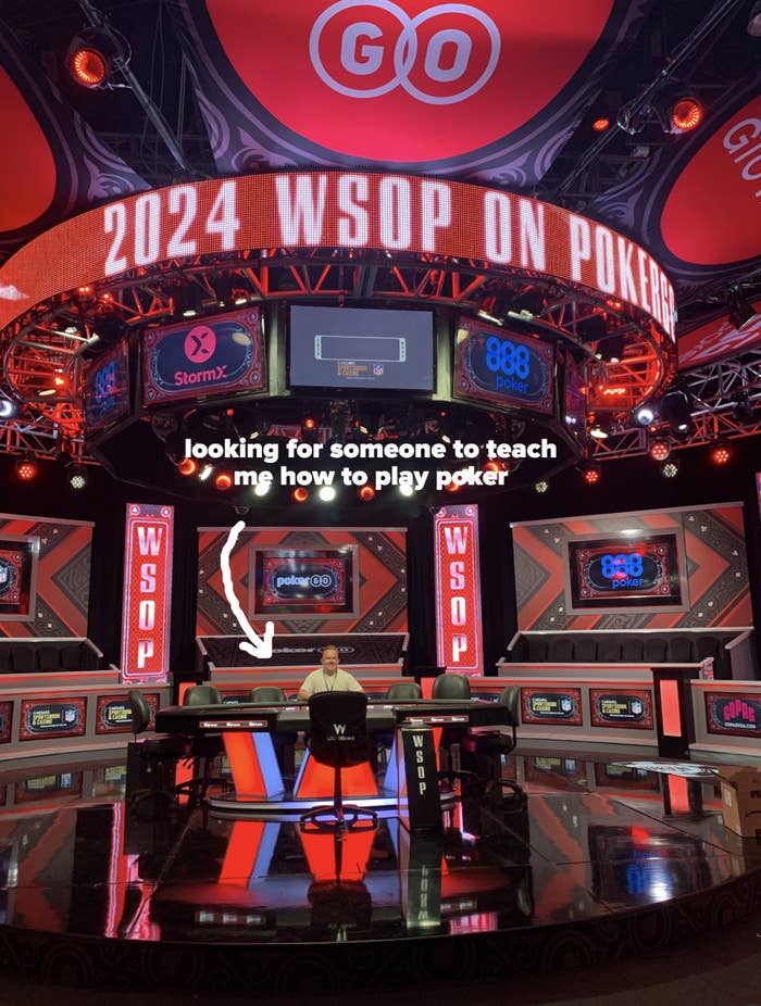 A large screen with the text "2024 WSOP ON POKER" lights up above a poker table setup at a WSOP event