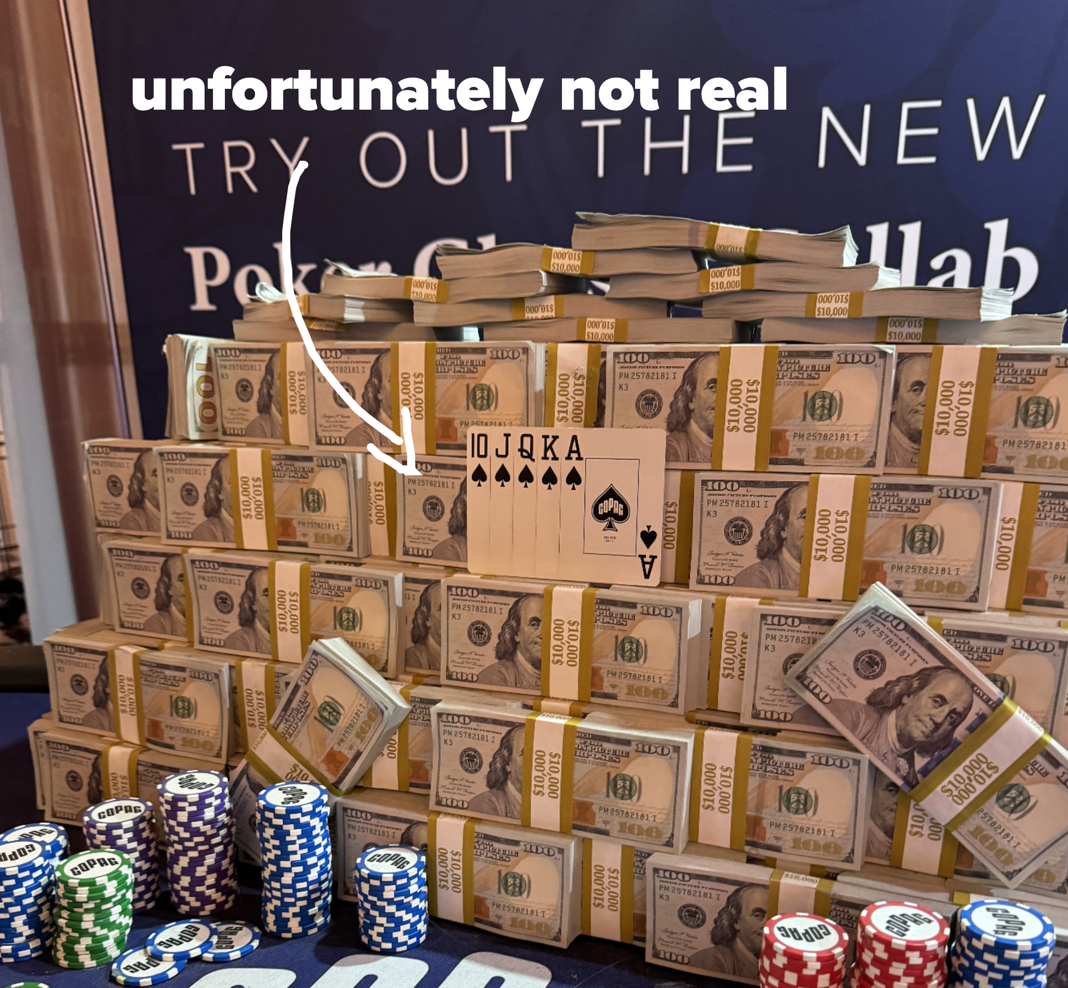 Stacks of cash and poker chips are displayed with a royal flush in spades, promoting a new poker club