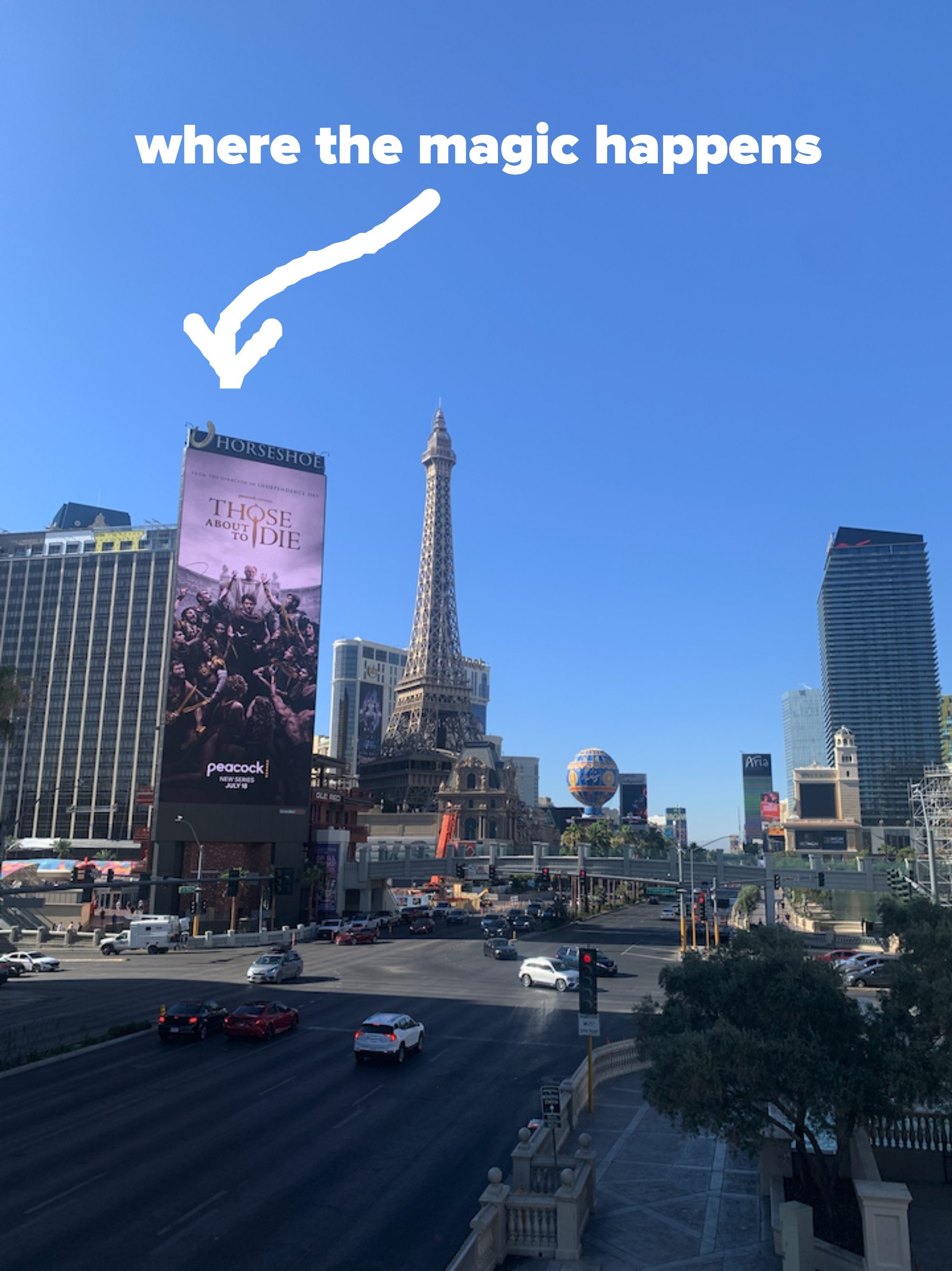 Las Vegas Strip with Paris Las Vegas Hotel and Eiffel Tower replica.