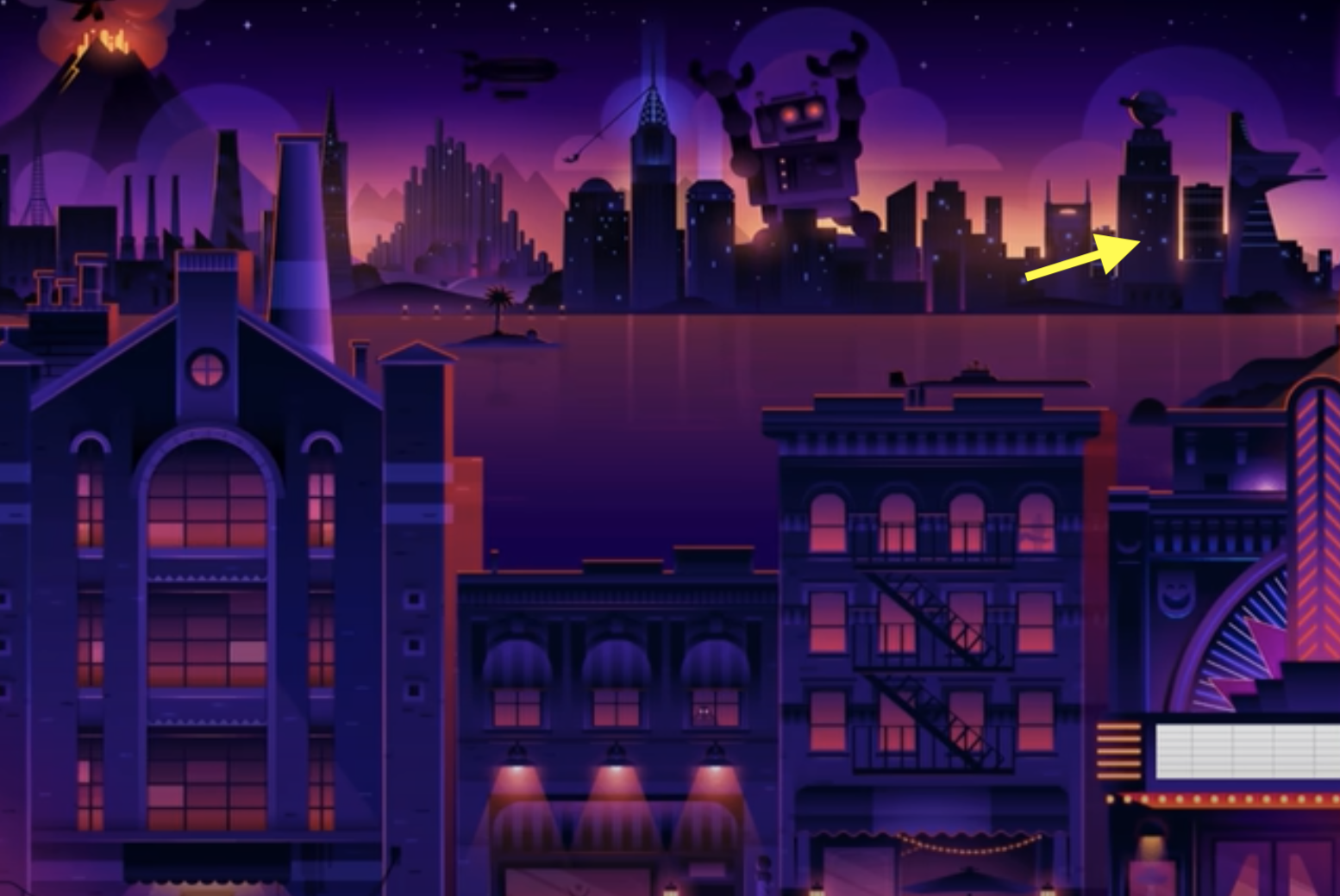 Animated city skyline at night with industrial buildings in the foreground and a giant robot in the distance. Yellow arrow points at city area