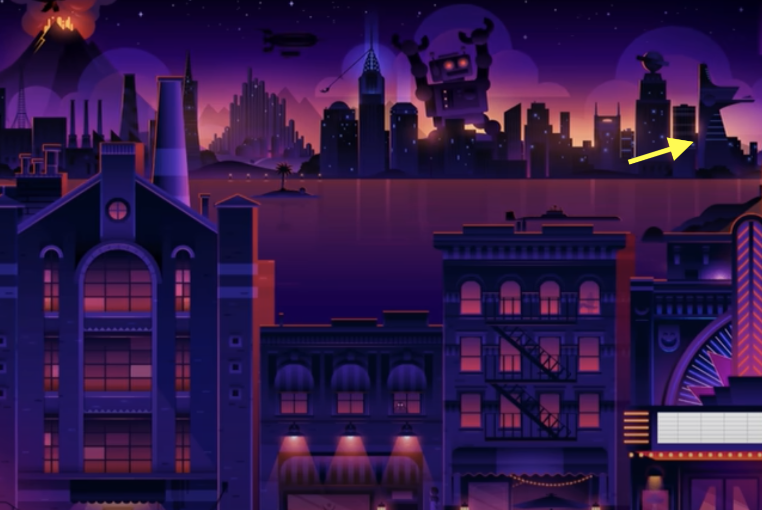 Animated cityscape at sunset, featuring a skyline with tall buildings, airships, and a giant robot in the background. Arrow points to a building in the distant skyline