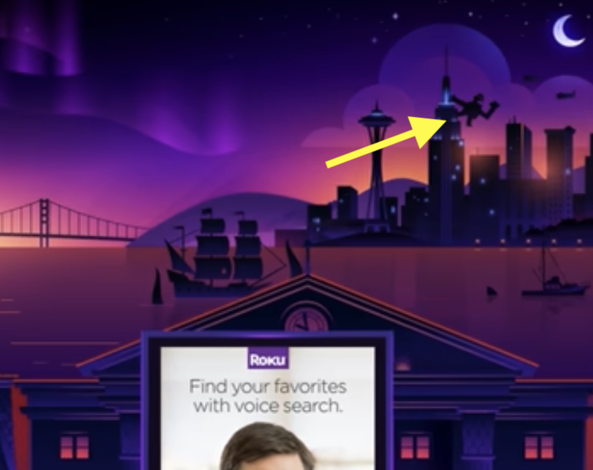 Illustration of a cityscape at night with a man in a jetpack flying near buildings. A Roku reads, "Find your favorites with voice search."