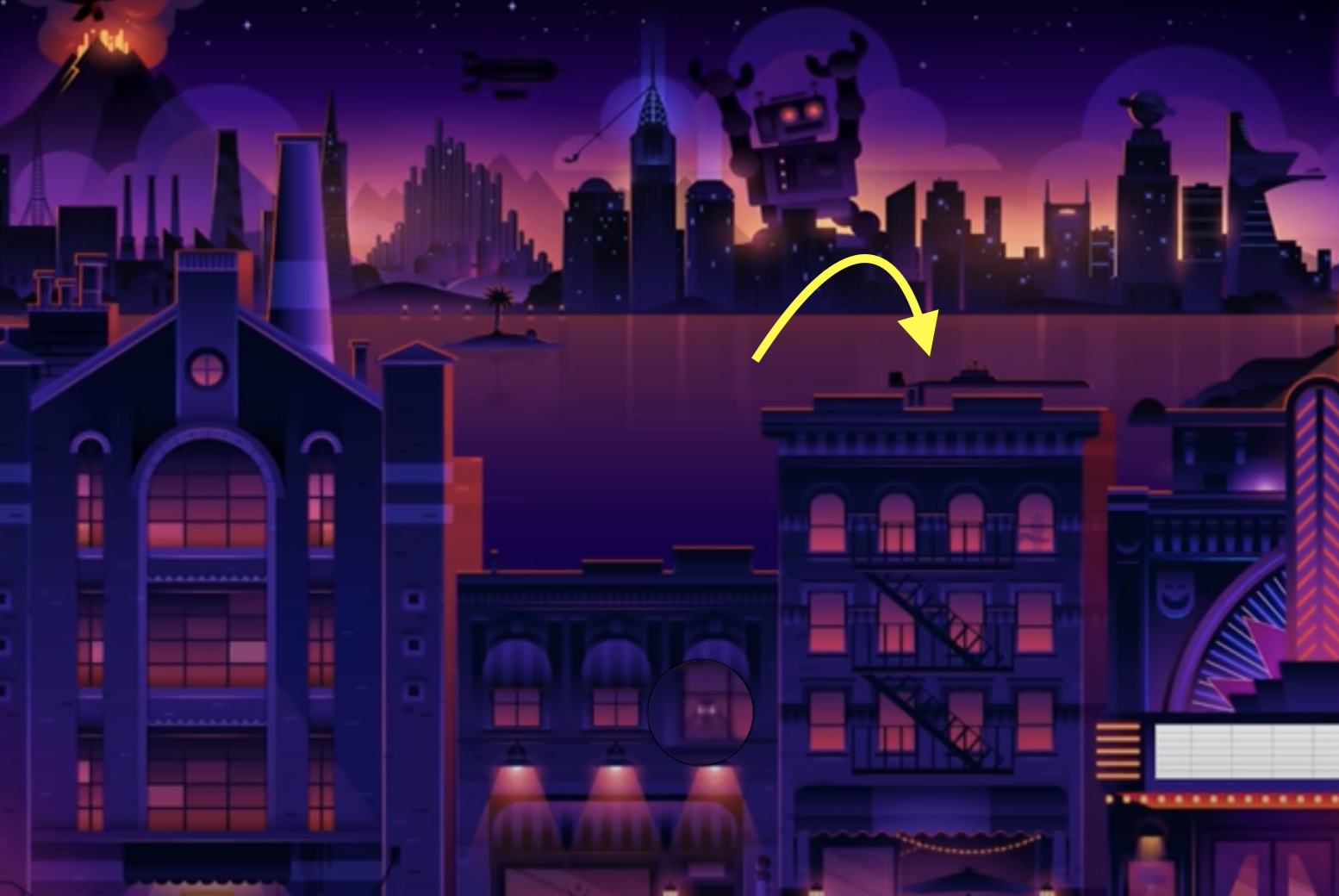 Illustration of a city skyline at night with a yellow arrow pointing to a person pulling a building’s roof