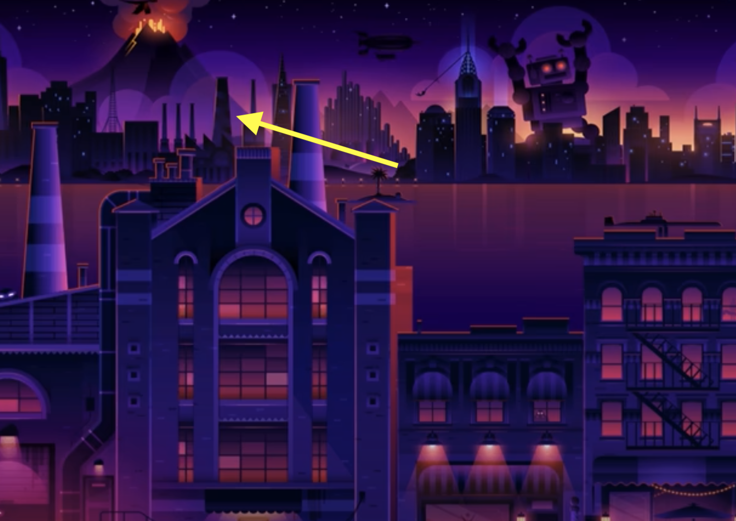 Cityscape at night with lit-up buildings, a mountain with an eruption, a robot, and a flying blimp. A yellow arrow points toward the robot's head