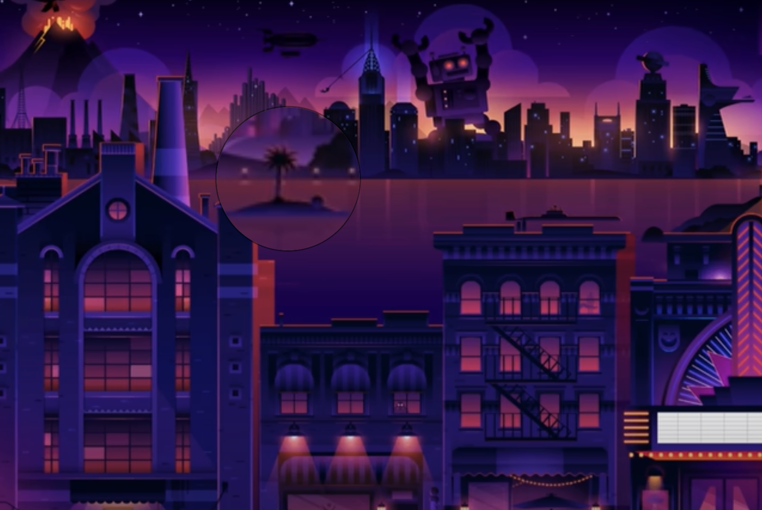 A city skyline at night with a robotic figure in the sky and a circular close-up of a palm tree shown on the horizon