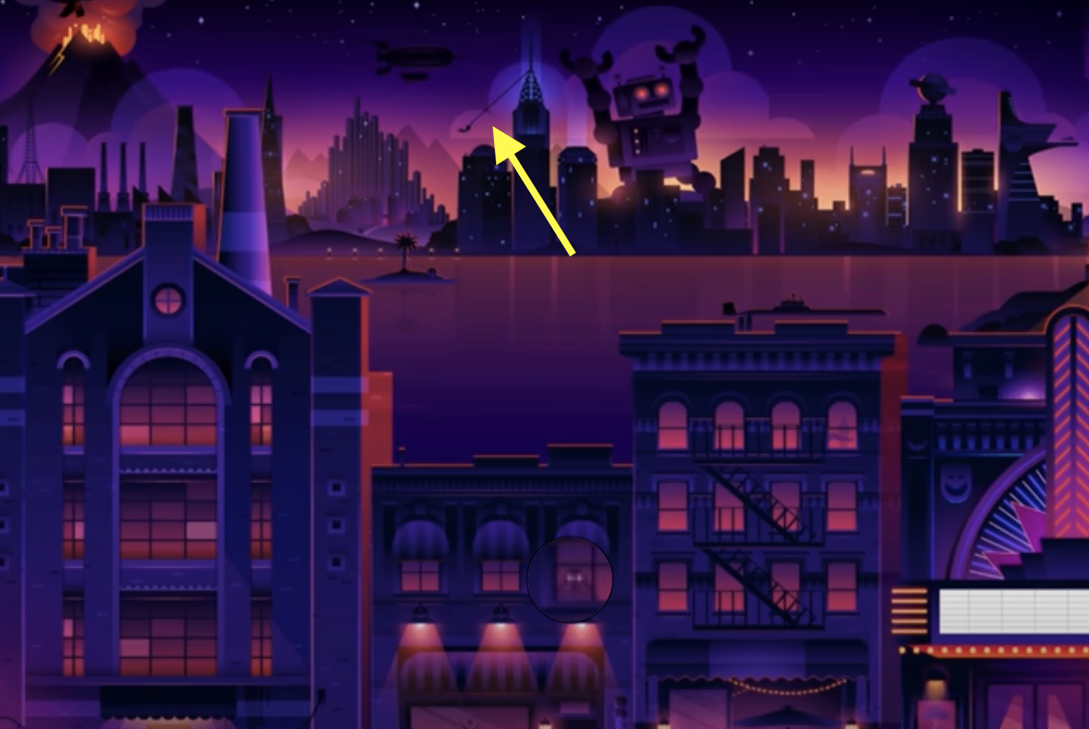 A cartoon cityscape at dusk with a robot and airships in the sky. A yellow arrow points to a skyscraper at the center of the image