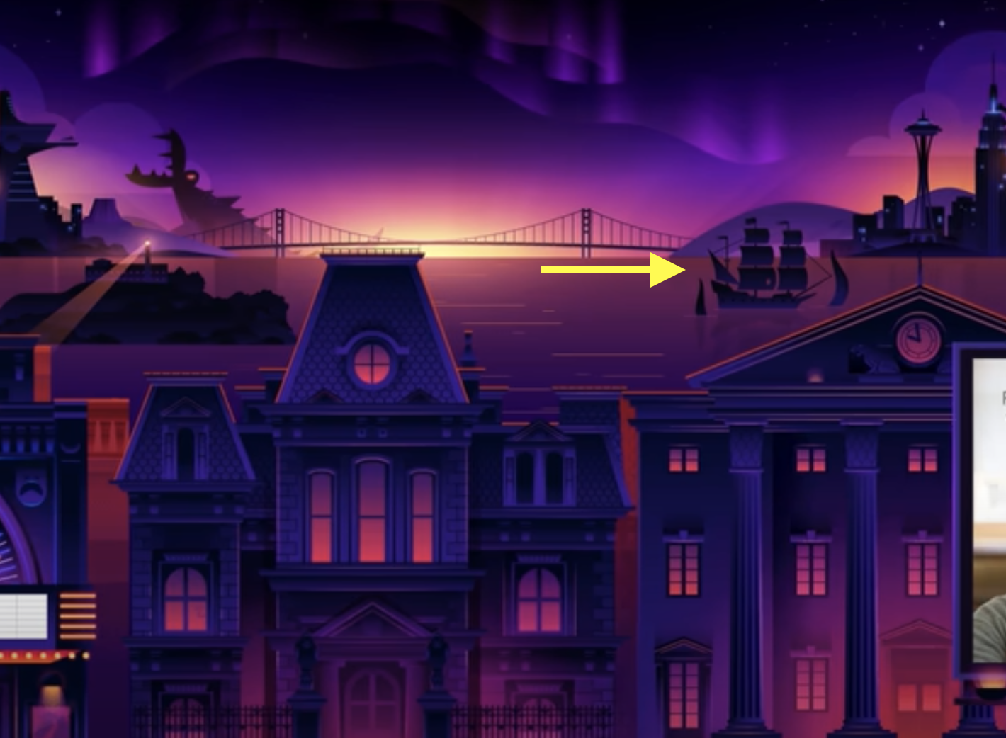 A nighttime cityscape with a silhouette of a pirate ship sailing towards a bridge, highlighted with a yellow arrow