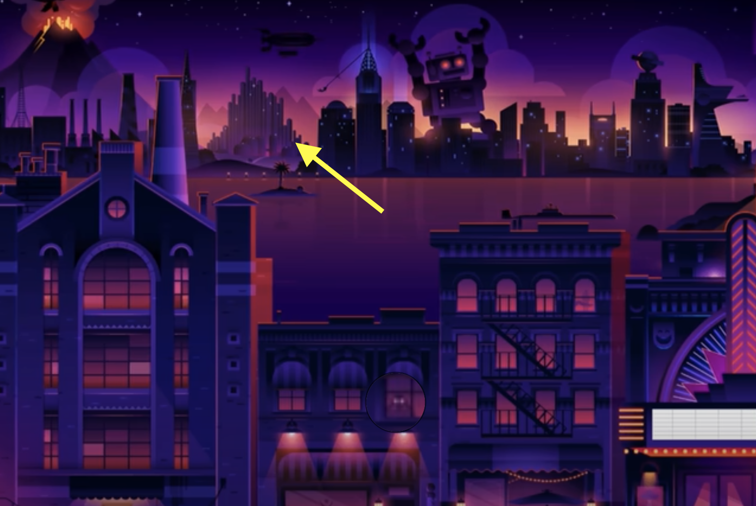 Cityscape with futuristic buildings and a sunset. A yellow arrow points to a robot attacking the skyline