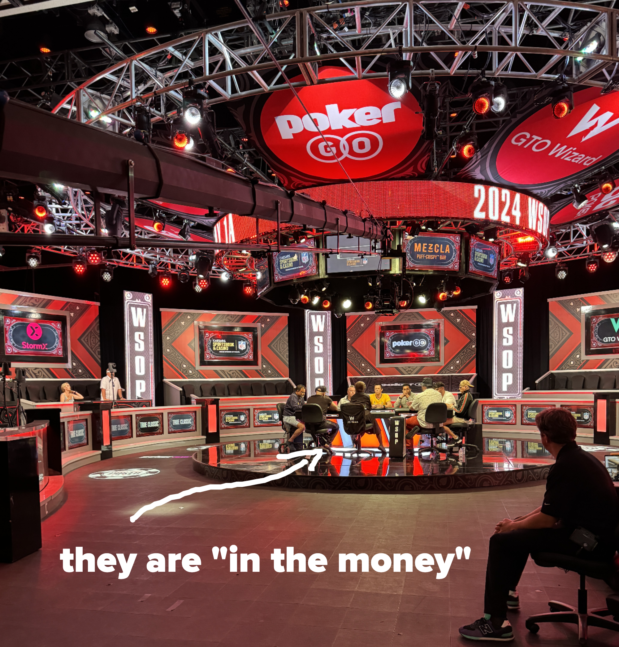 World Series of Poker 2024 event. Multiple players are sitting at poker tables on a stage with bright lights and PokerGO signage