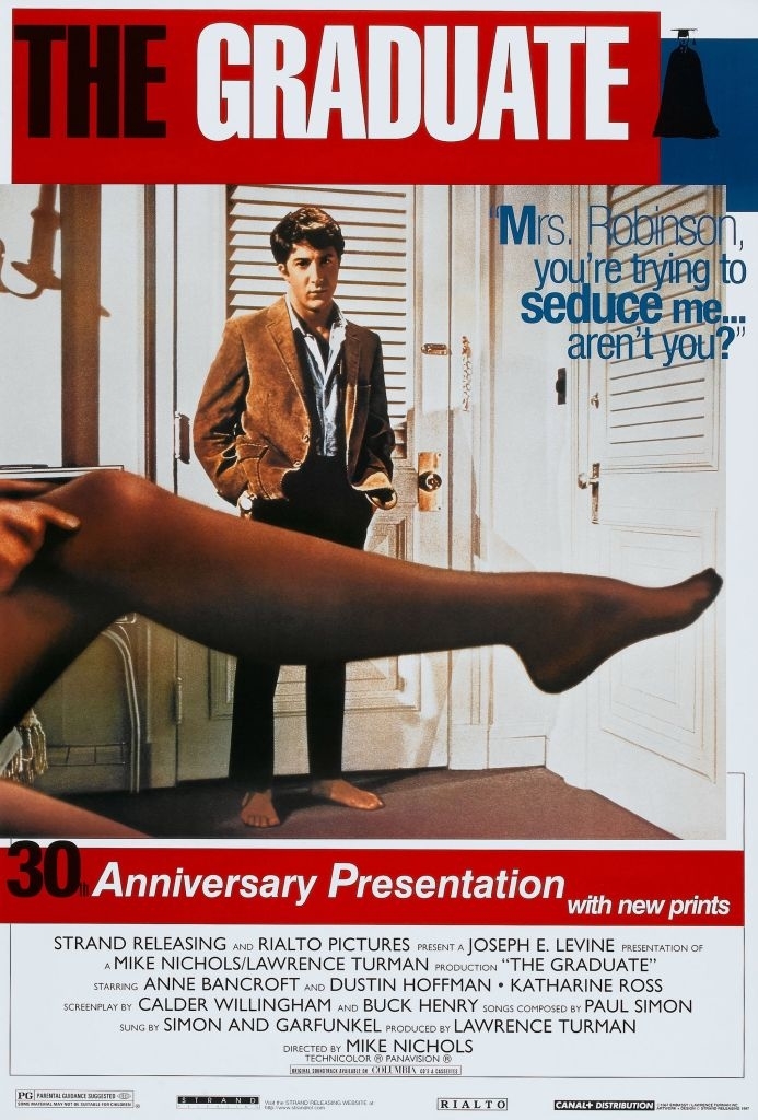 Movie poster for "The Graduate" starring Anne Bancroft and Dustin Hoffman, promoting the 30th-anniversary presentation with new prints